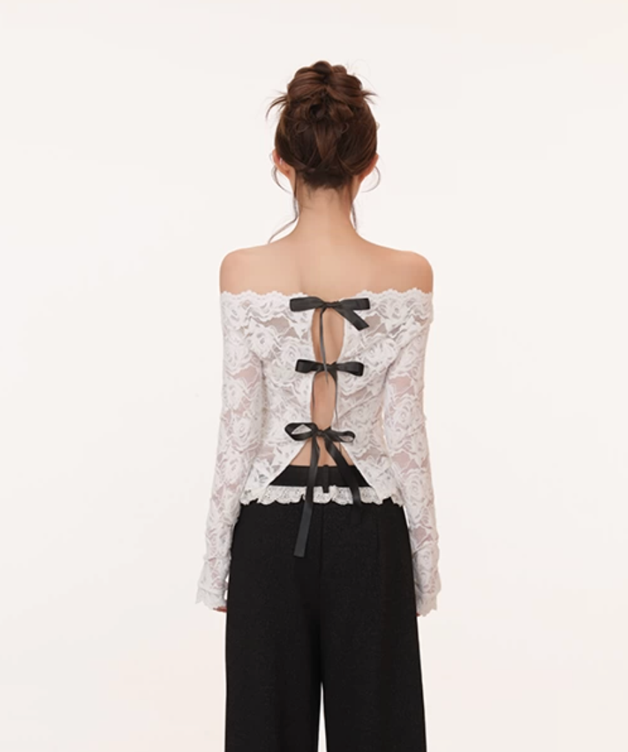 Off-shoulder lace textured top with back bow details