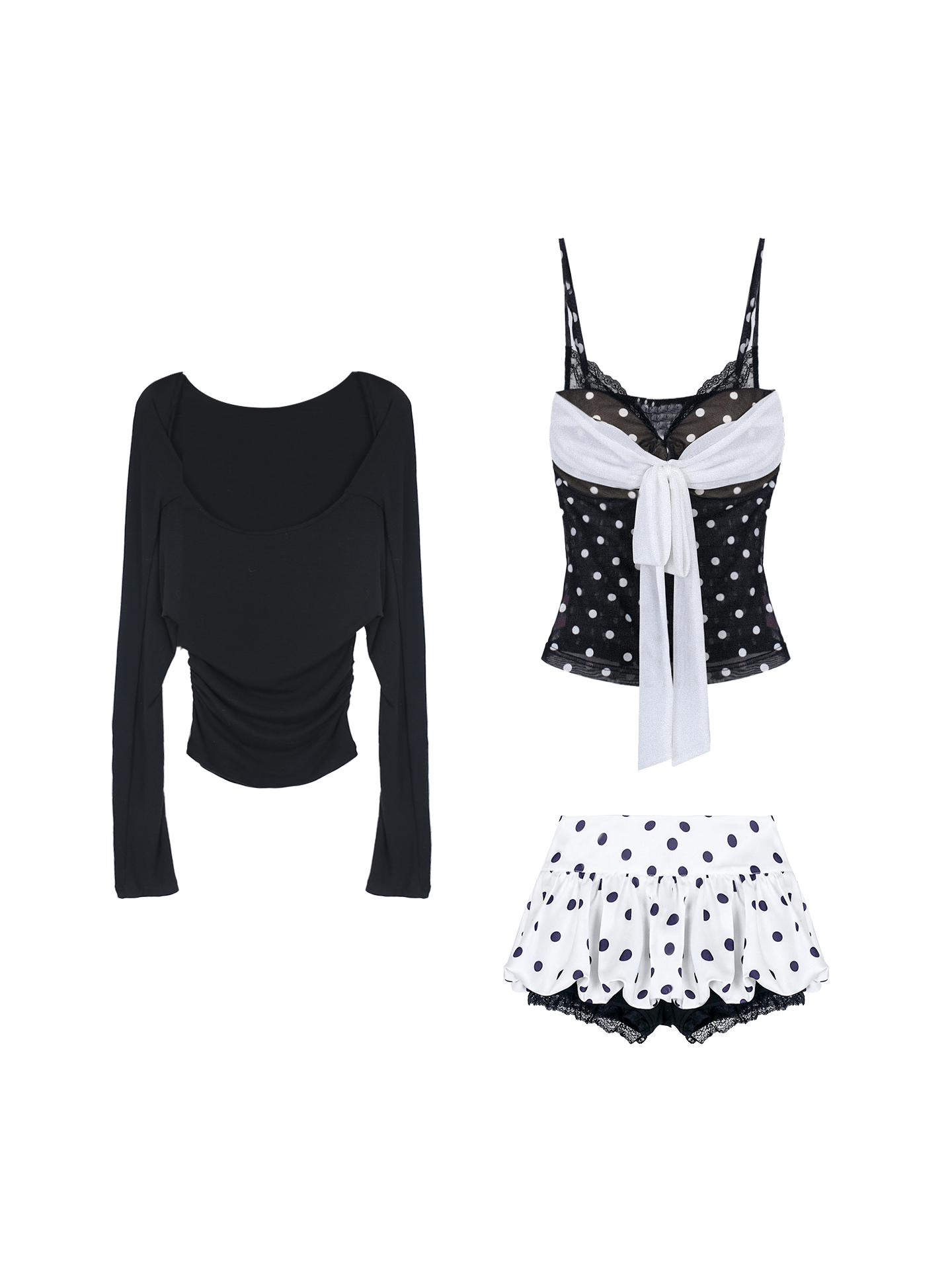 Silk camisole with dot print and bloom skort set