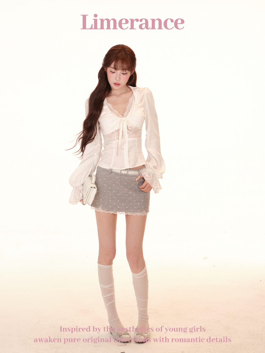 Lace two-piece top with chest pad and polka dot low-waist skirt set