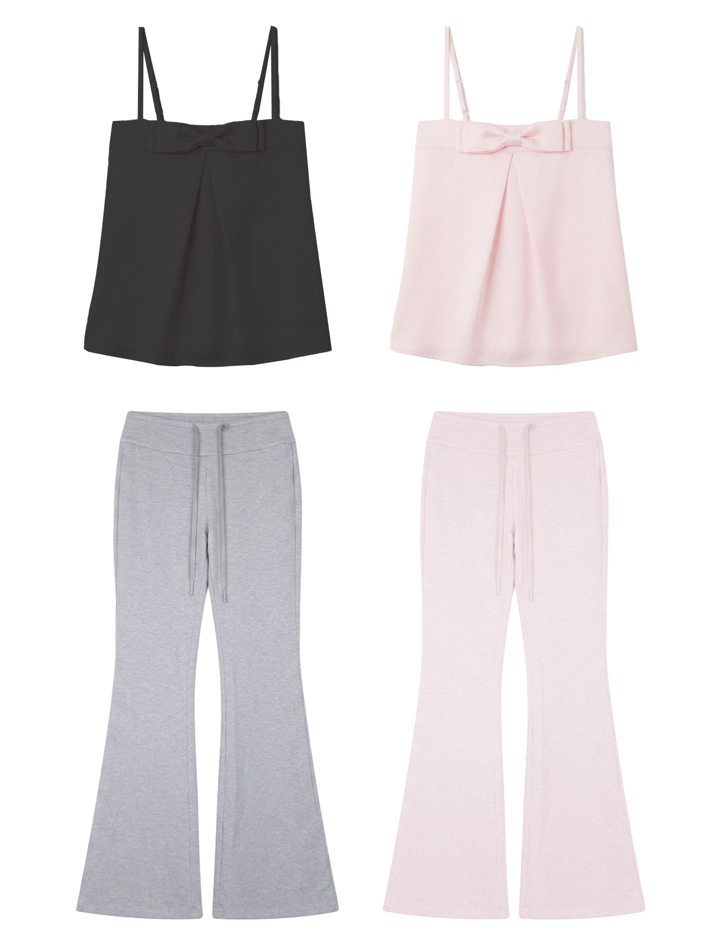Satin bow tie top and drawstring knit flare pants set