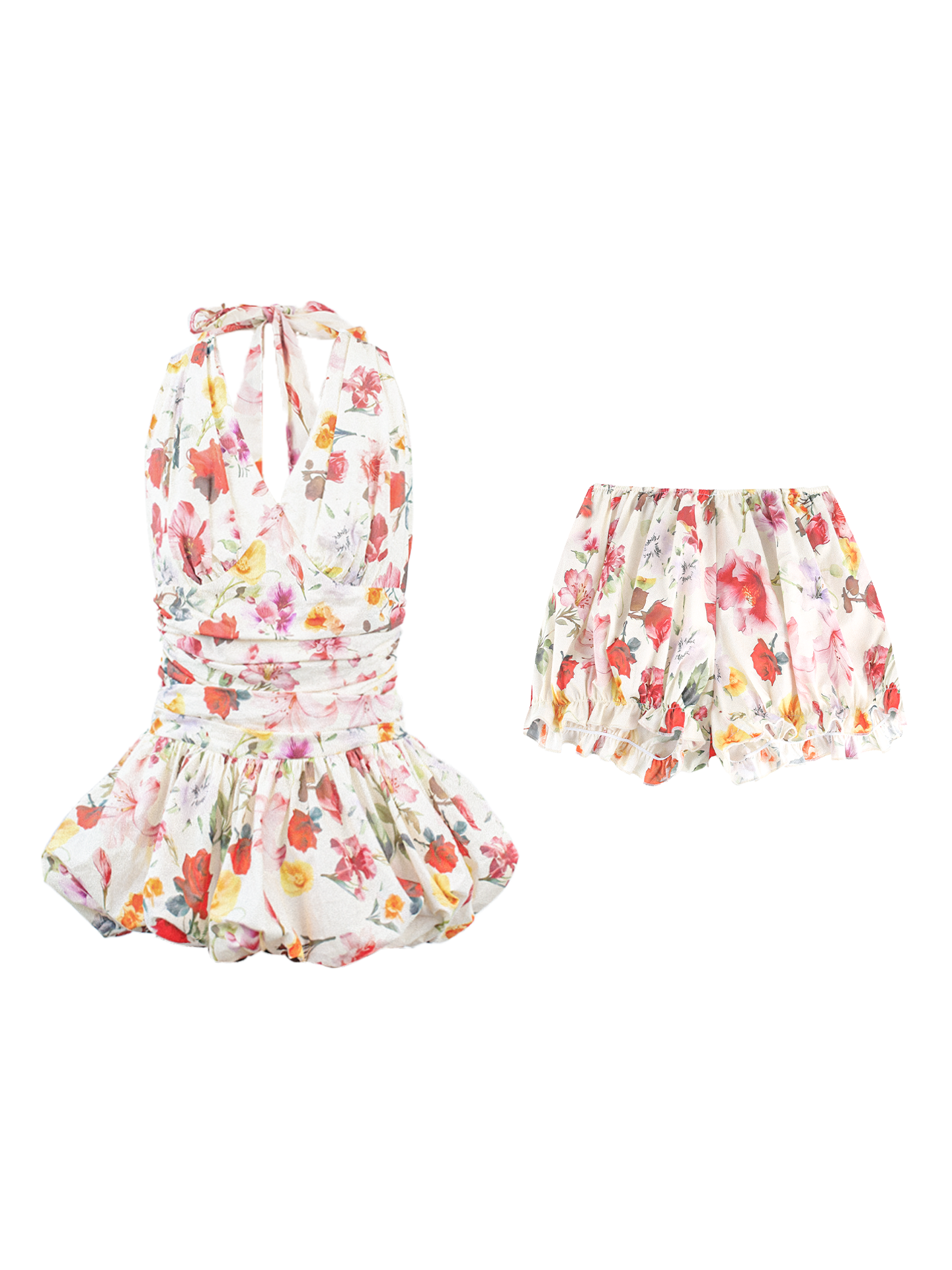Floral v-neck halter dress with waist tie and pumpkin pants set