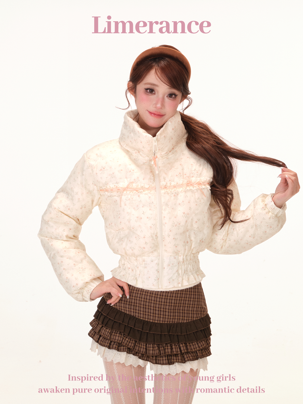 Floral lace short down jacket