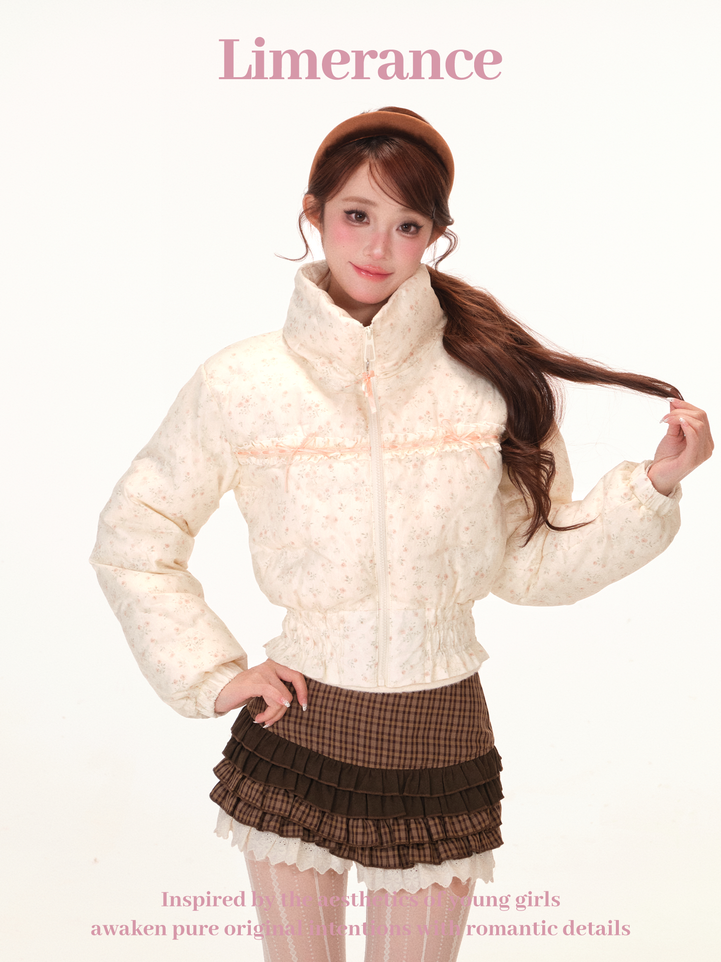 Floral lace short down jacket