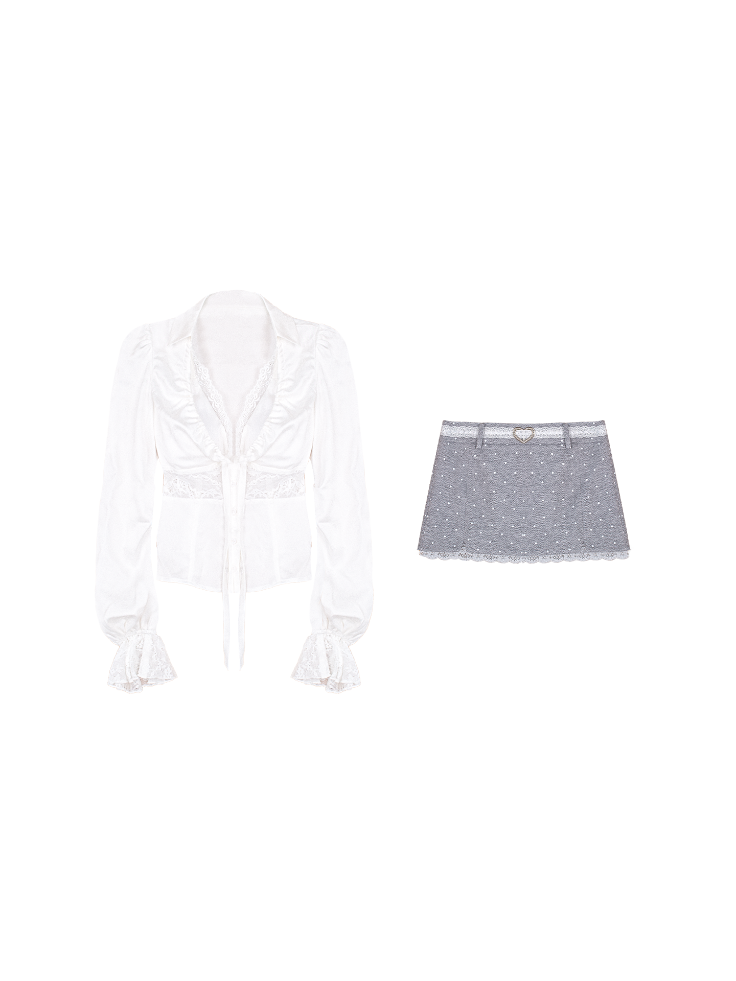 Lace two-piece top with chest pad and polka dot low-waist skirt set