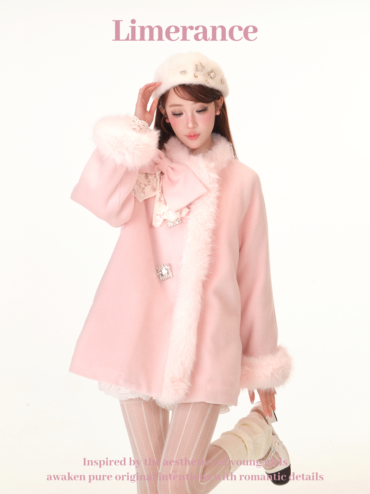 (Last units) Faux fur wool coat with removable bow