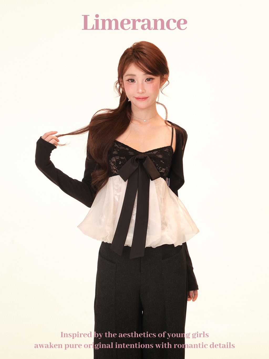 Lace and mesh crop top with long sleeve cardigan and pants set