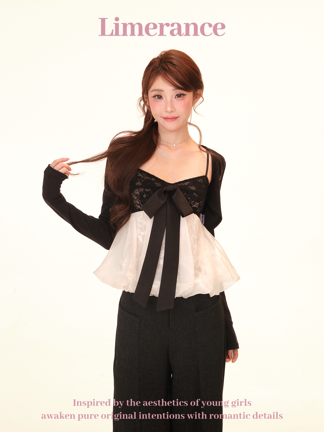 Lace and mesh crop top with long sleeve cardigan and pants set