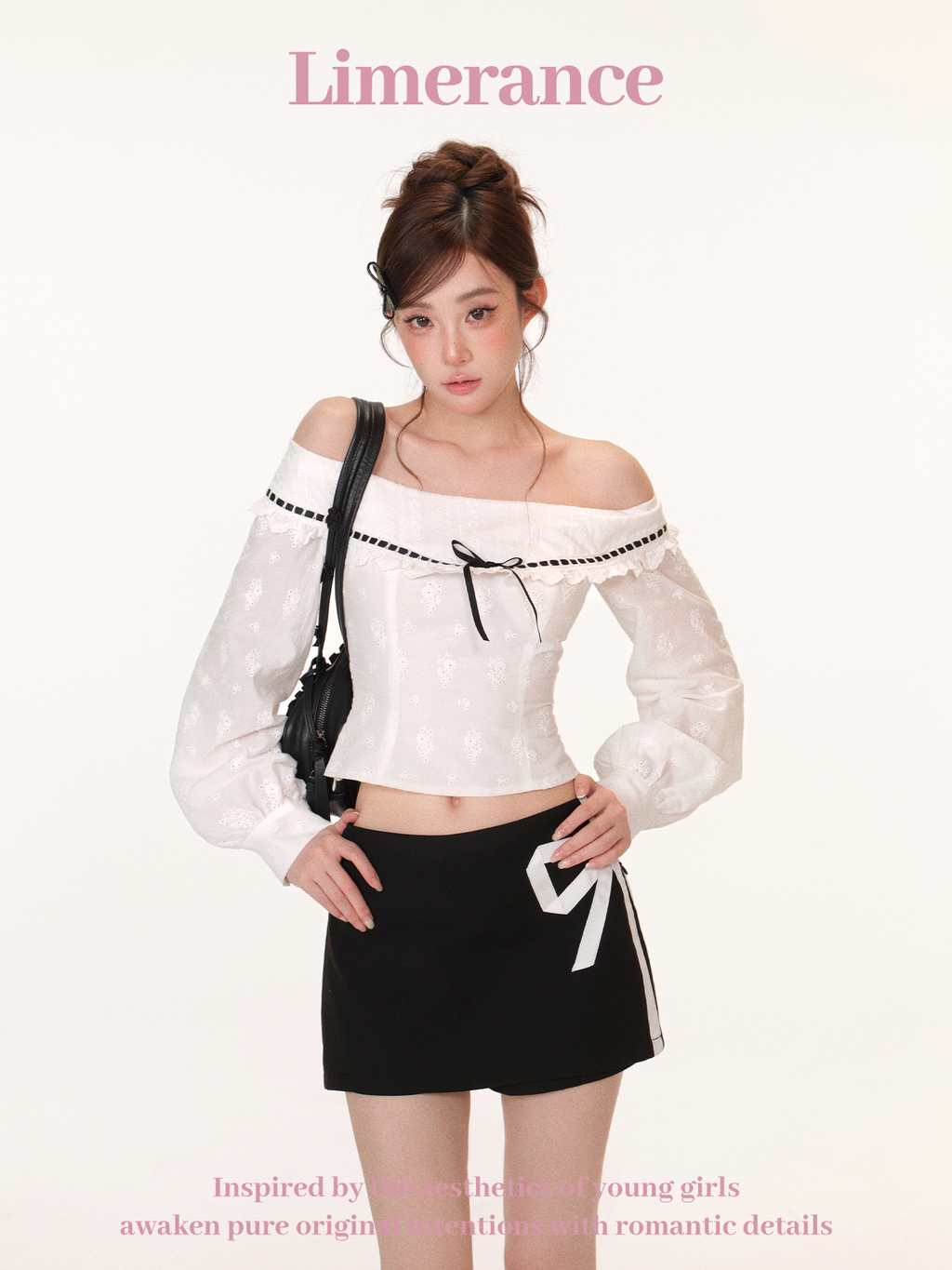 White one-shoulder embroidered top + reversible two-tone skirt