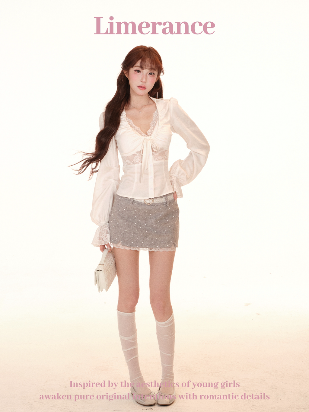 Lace two-piece top with chest pad and polka dot low-waist skirt set