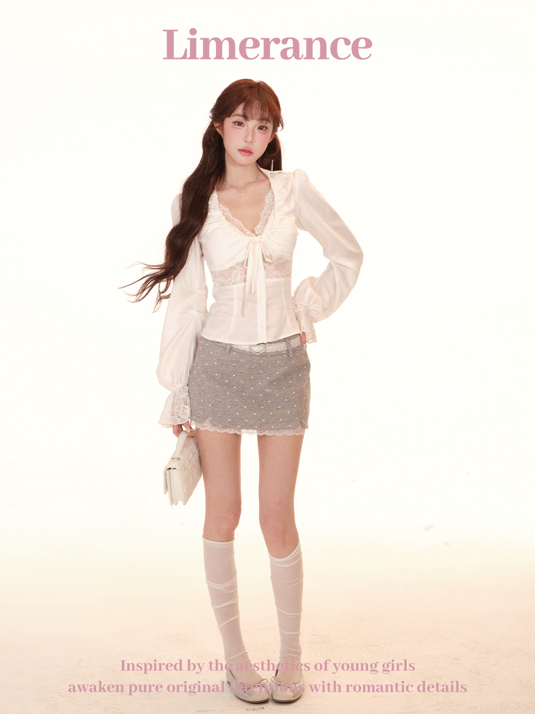 Lace two-piece top with chest pad and polka dot low-waist skirt set