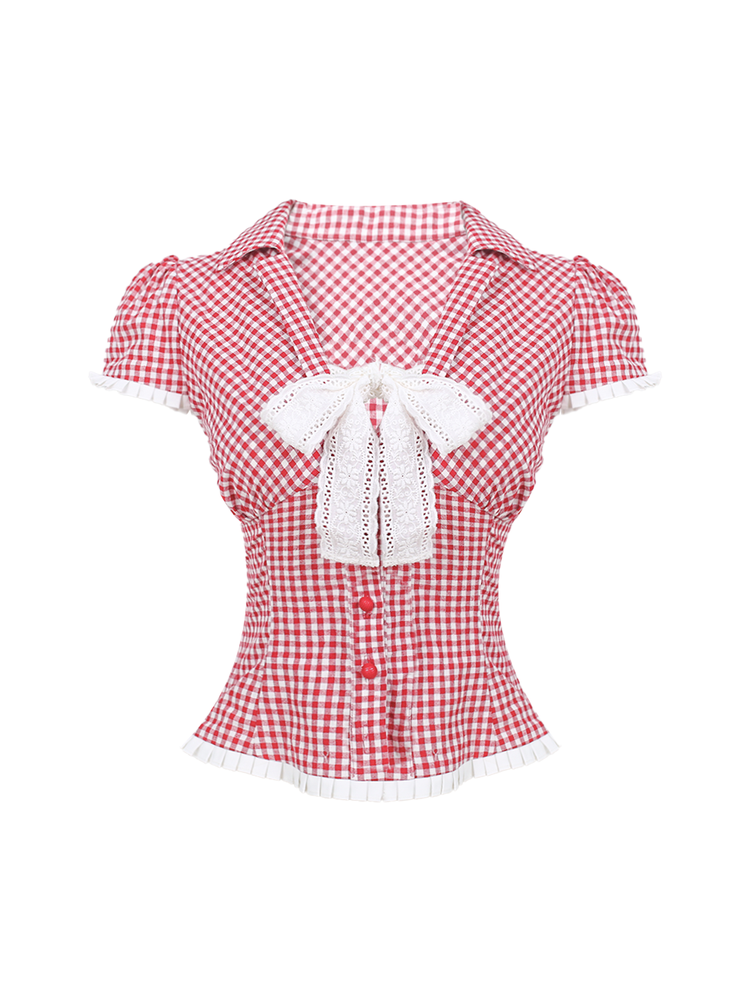 Red and white checkered short sleeve top
