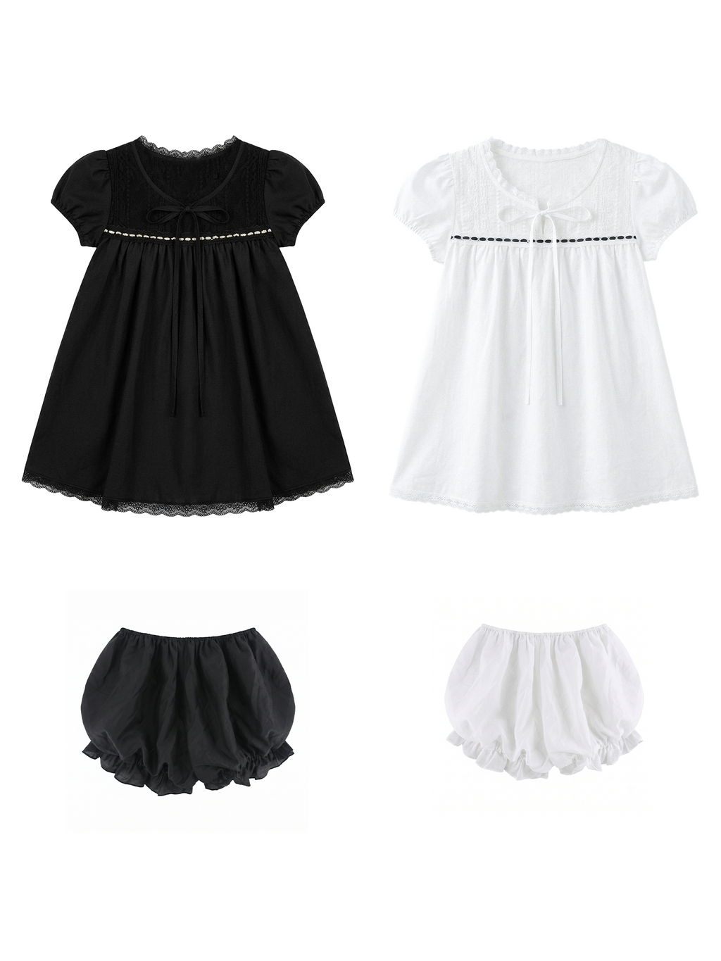 Doll-like lace puff sleeve dress & shorts set