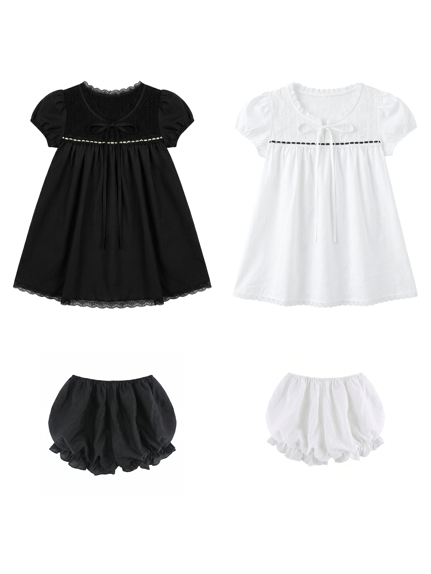 Doll-like lace puff sleeve dress & shorts set