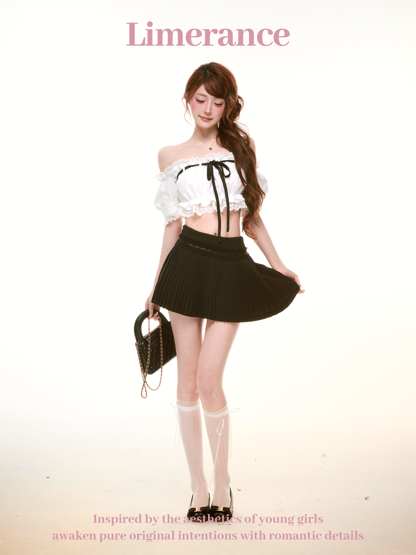 Lace off-shoulder top, pleated skirt, and flared pants set