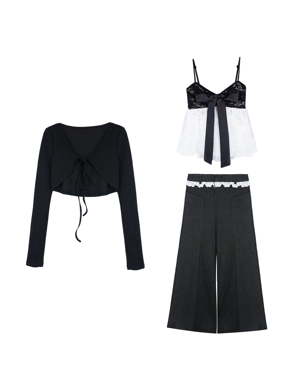 Lace and mesh crop top with long sleeve cardigan and pants set