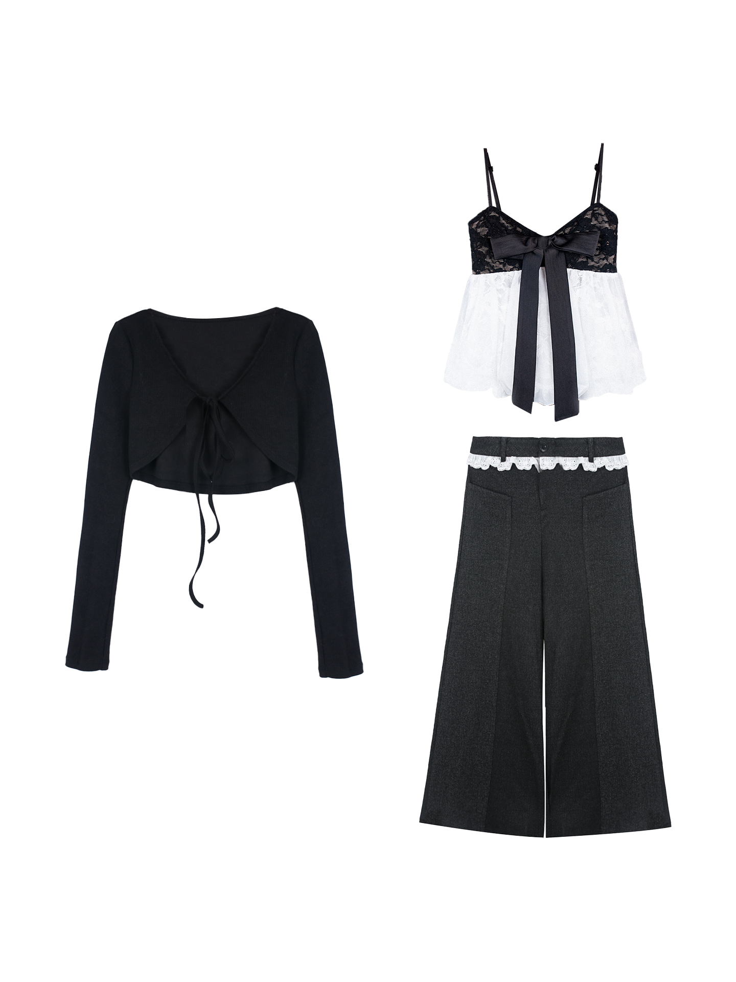 Lace and mesh crop top with long sleeve cardigan and pants set