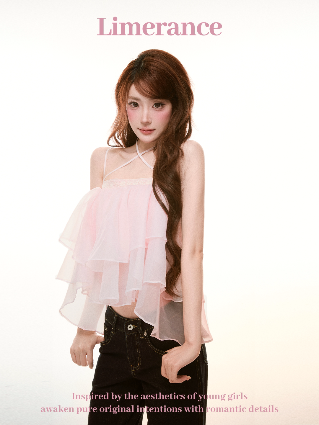 Pink ruffled a-line top with straps