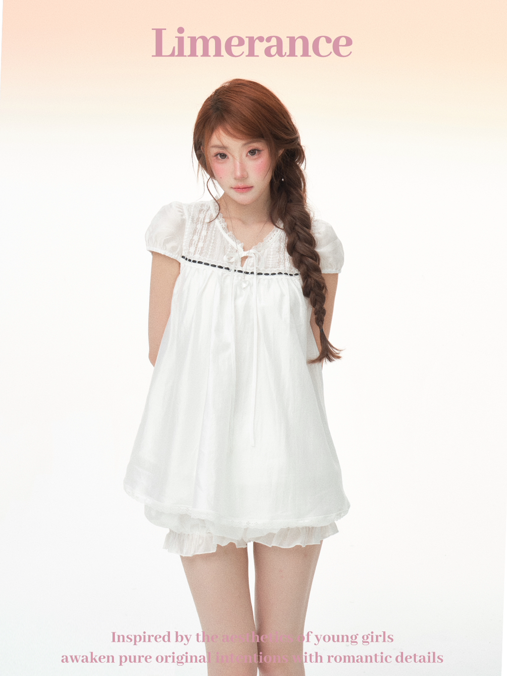 Doll-like lace puff sleeve dress & shorts set