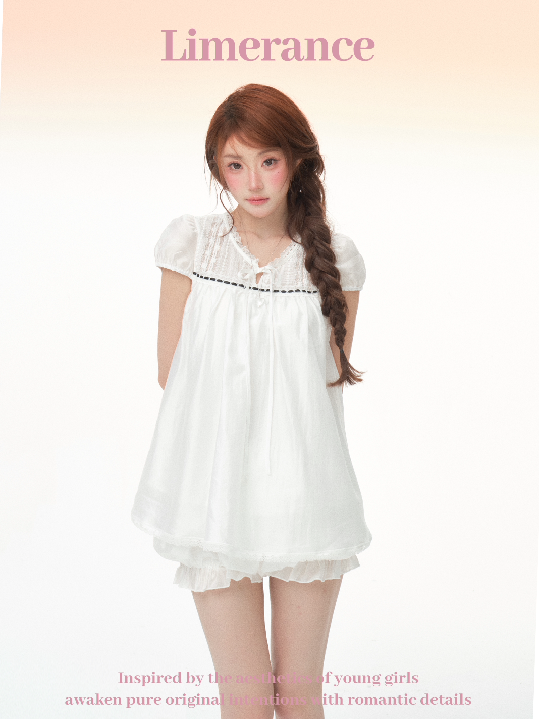 Doll-like lace puff sleeve dress & shorts set