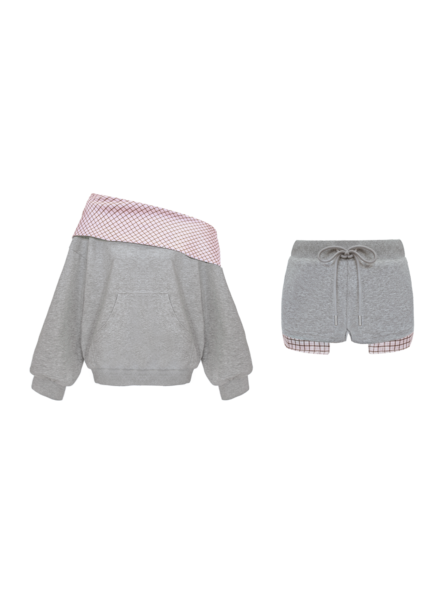 Gray and pink checkered hoodie and shorts set