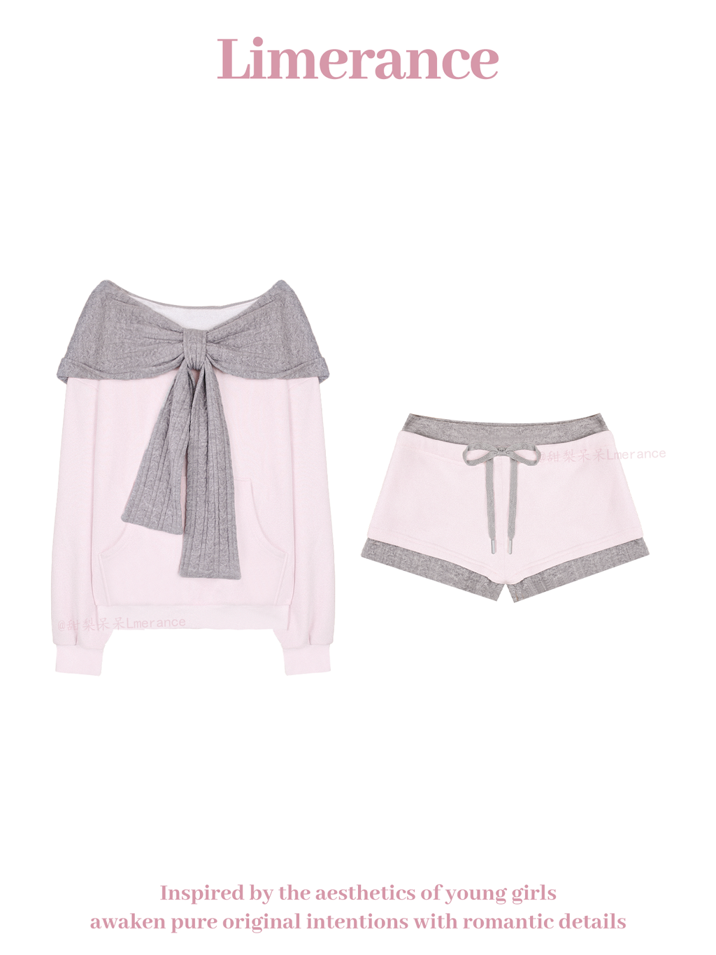 Pink off-shoulder hoodie and shorts set