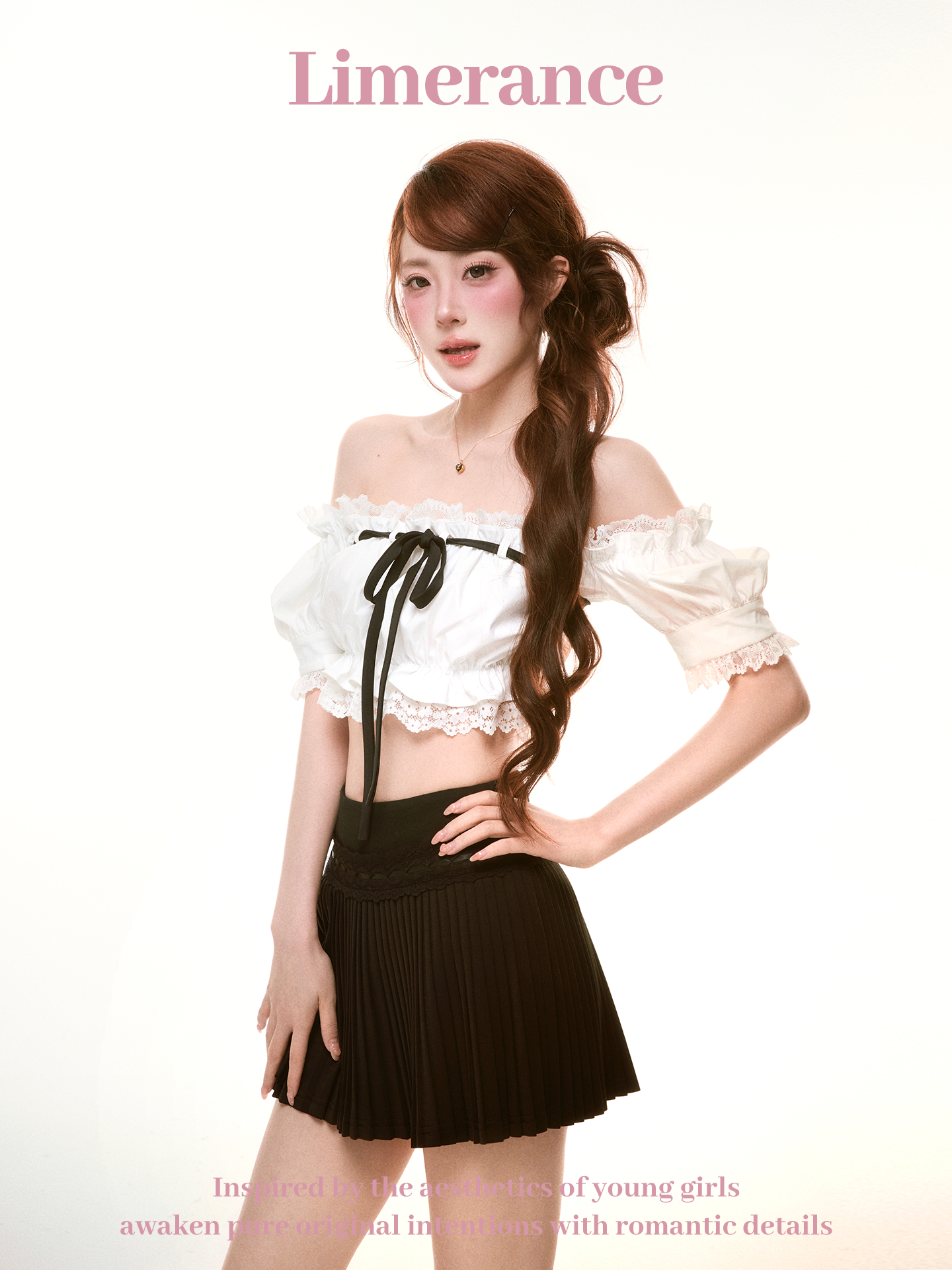 Lace off-shoulder top, pleated skirt, and flared pants set