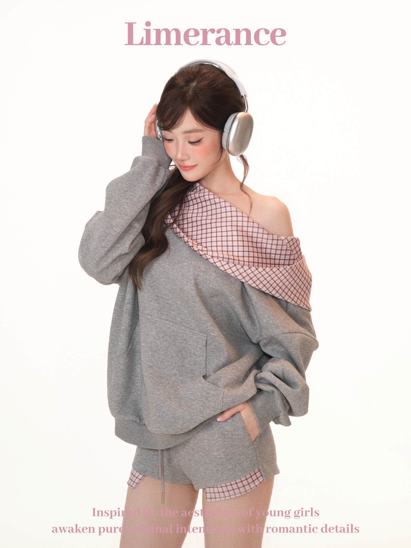 Gray and pink checkered hoodie and shorts set