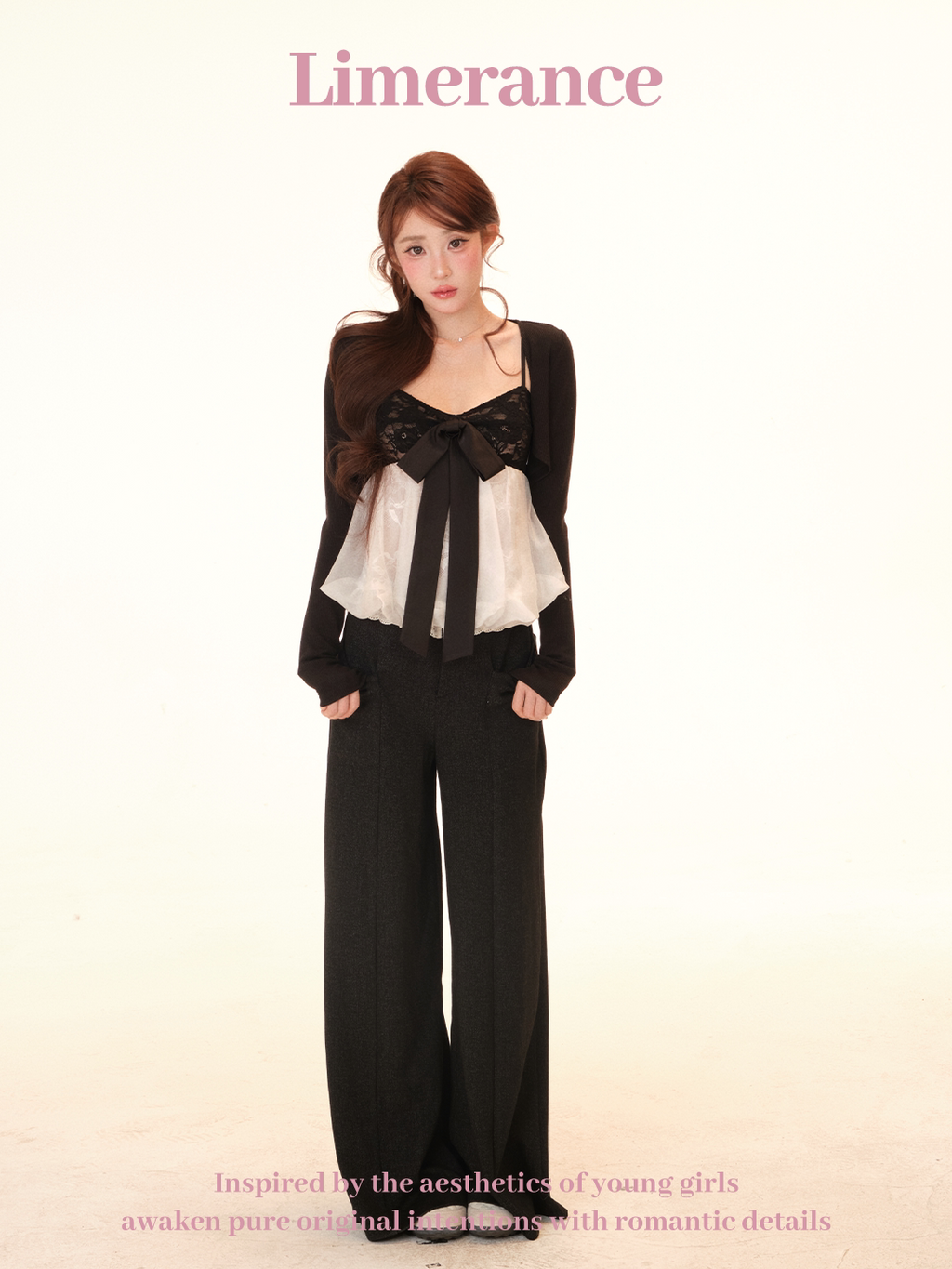 Lace and mesh crop top with long sleeve cardigan and pants set