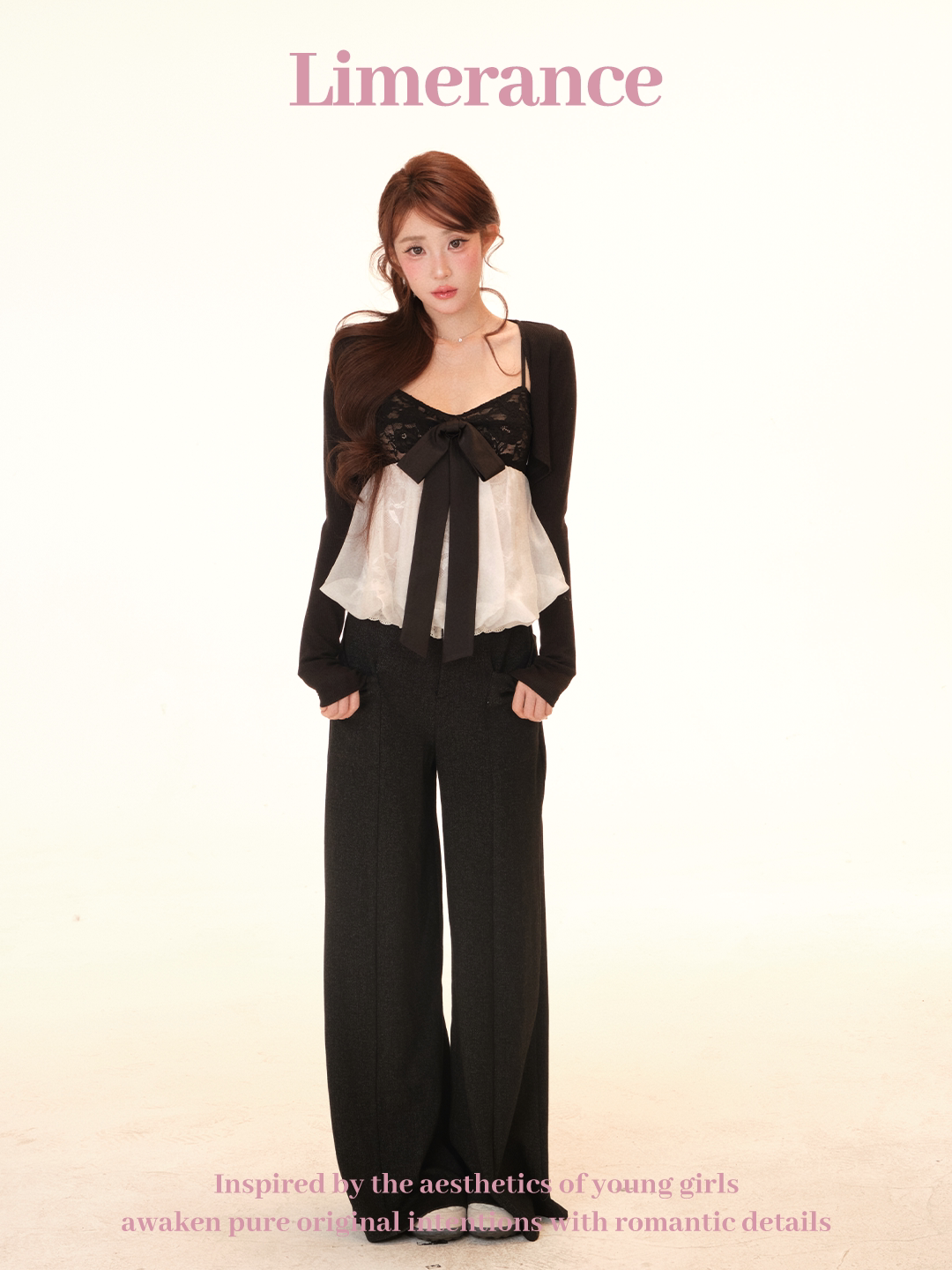 Lace and mesh crop top with long sleeve cardigan and pants set