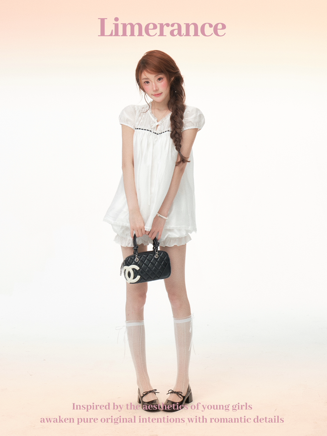 Doll-like lace puff sleeve dress & shorts set
