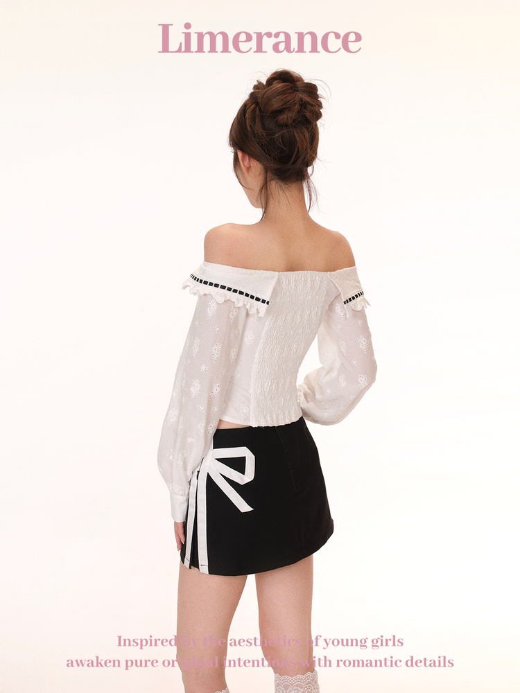 White one-shoulder embroidered top + reversible two-tone skirt