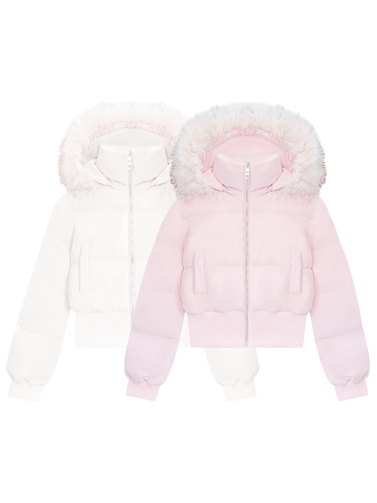 Lightweight down puffer jacket with hood and fur collar