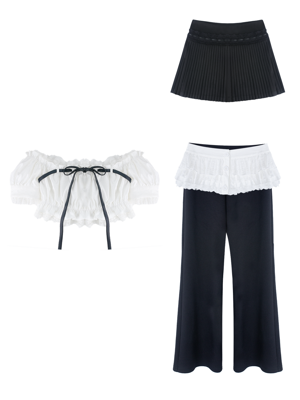 Lace off-shoulder top, pleated skirt, and flared pants set