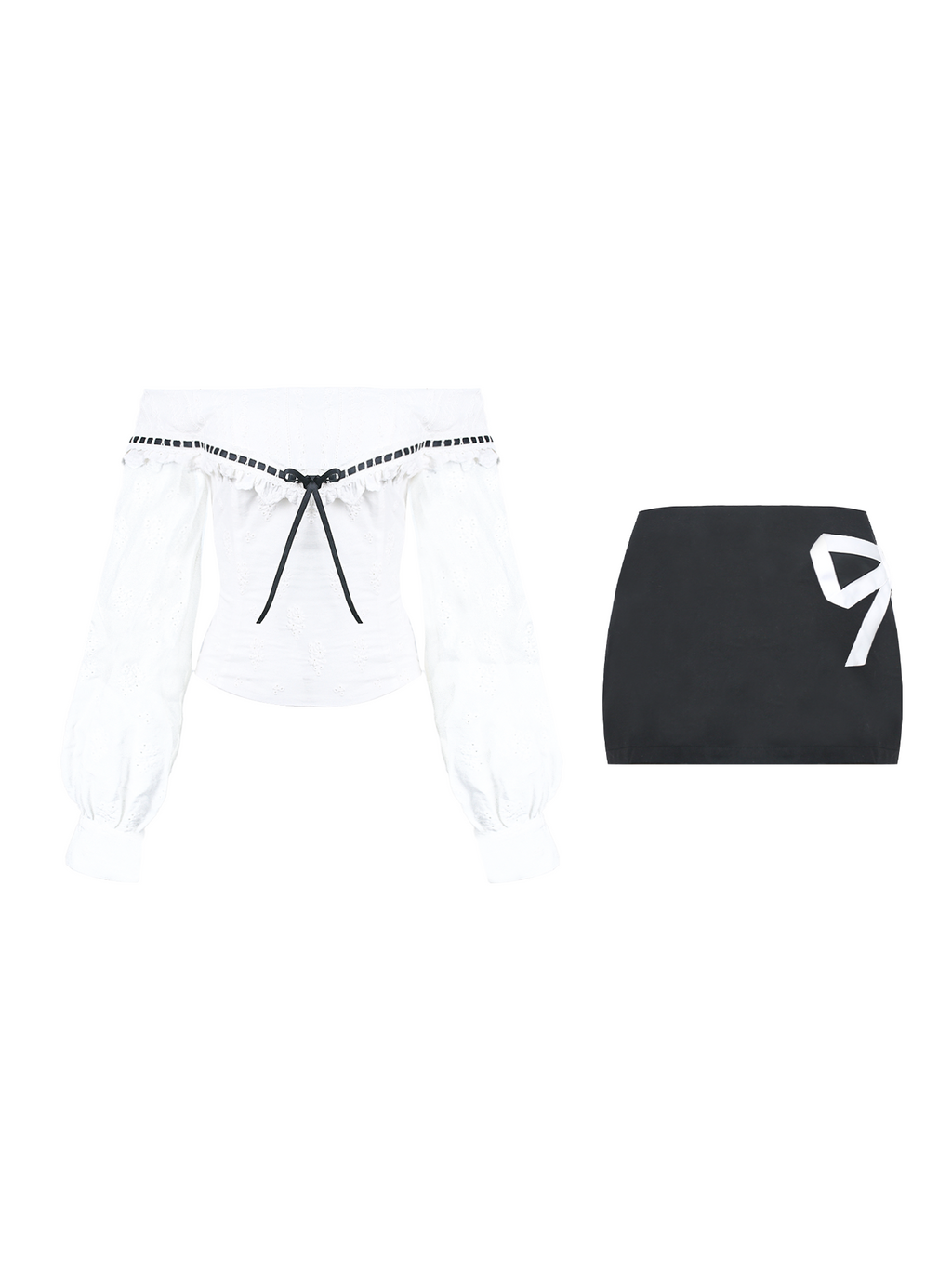 White one-shoulder embroidered top + reversible two-tone skirt