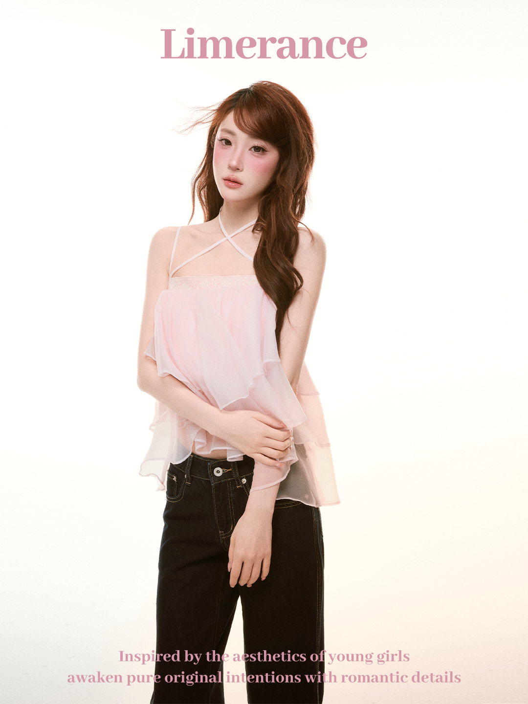 Pink ruffled a-line top with straps