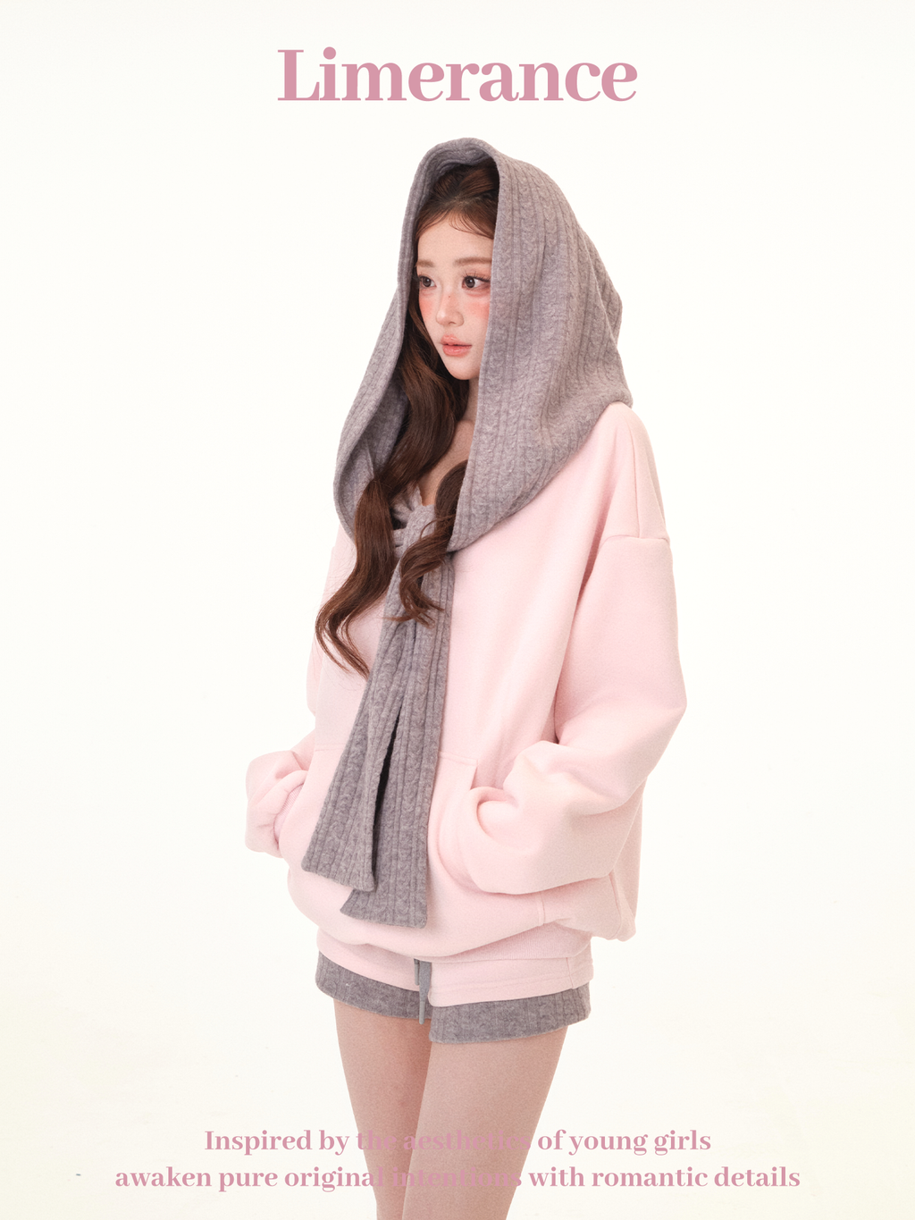 Pink off-shoulder hoodie and shorts set