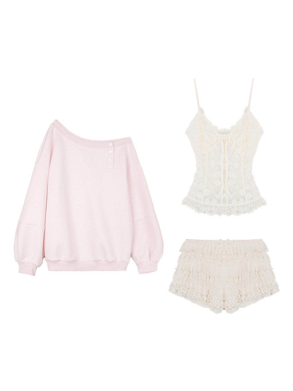 Sweatshirt and cake shorts set with stretch lace cami