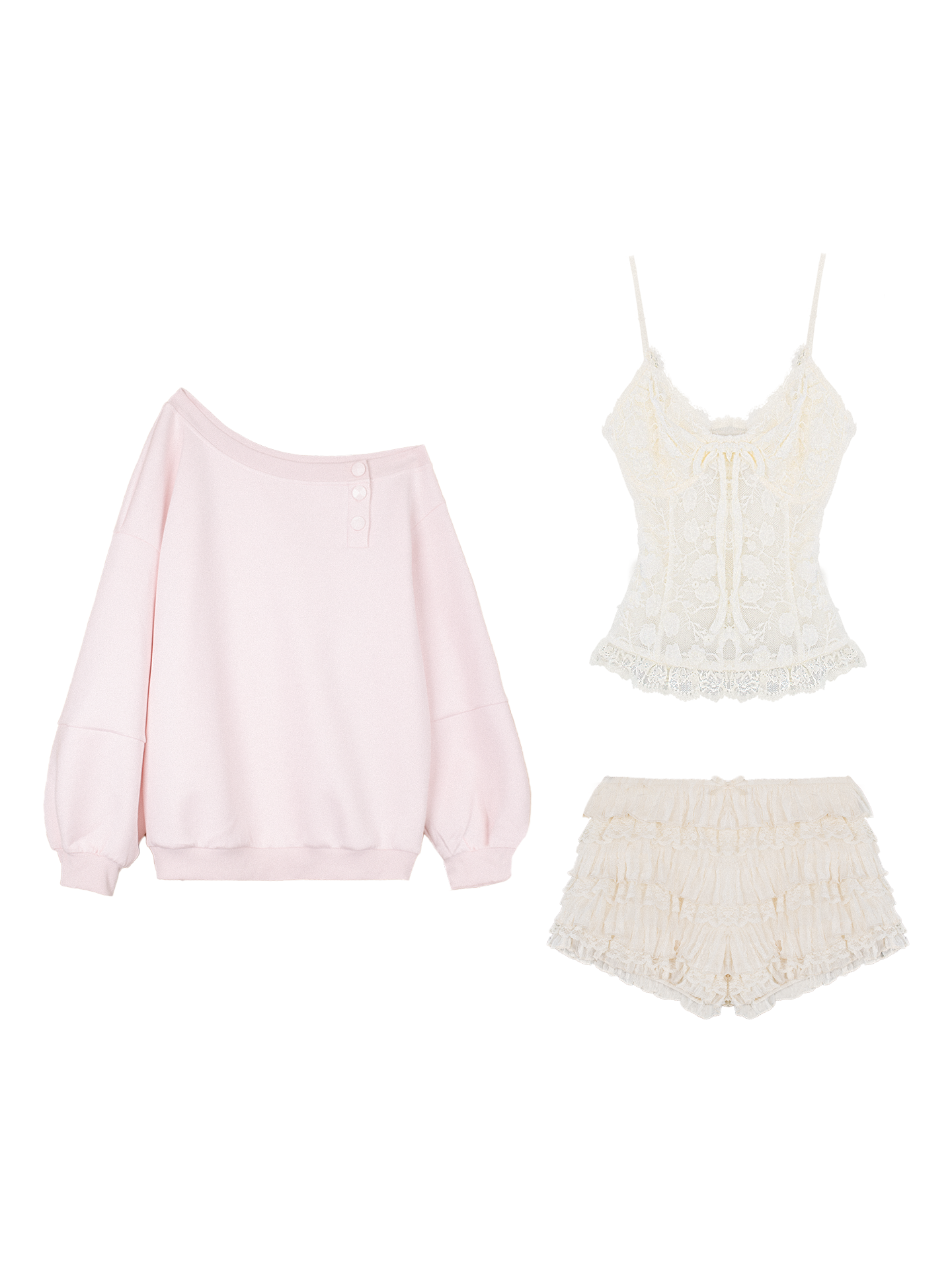 Sweatshirt and cake shorts set with stretch lace cami