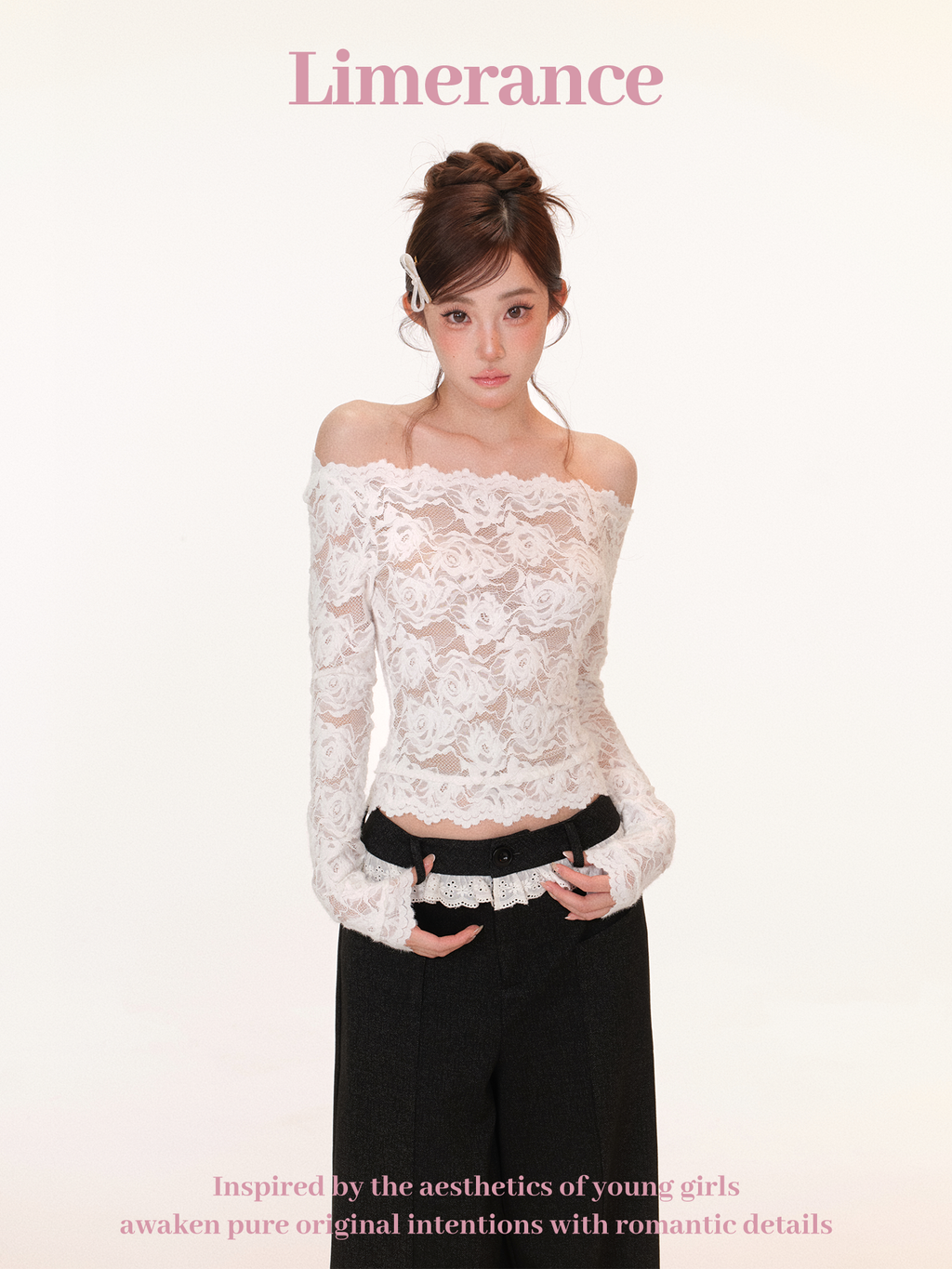 Off-shoulder lace textured top with back bow details