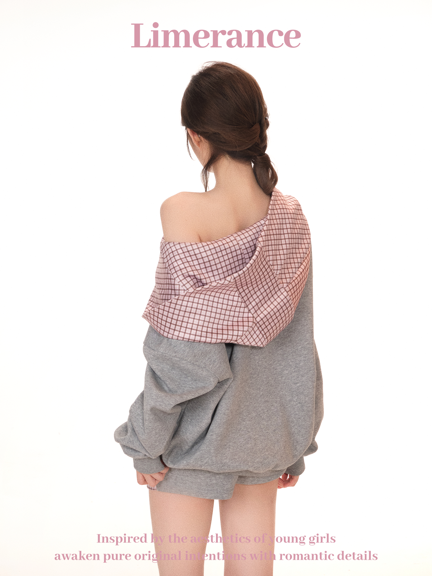 Gray and pink checkered hoodie and shorts set