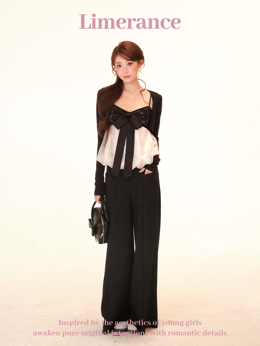 Lace and mesh crop top with long sleeve cardigan and pants set