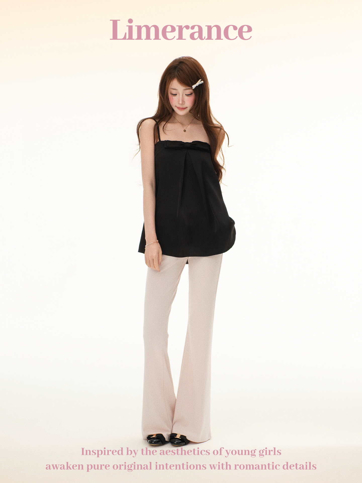 Satin bow tie top and drawstring knit flare pants set