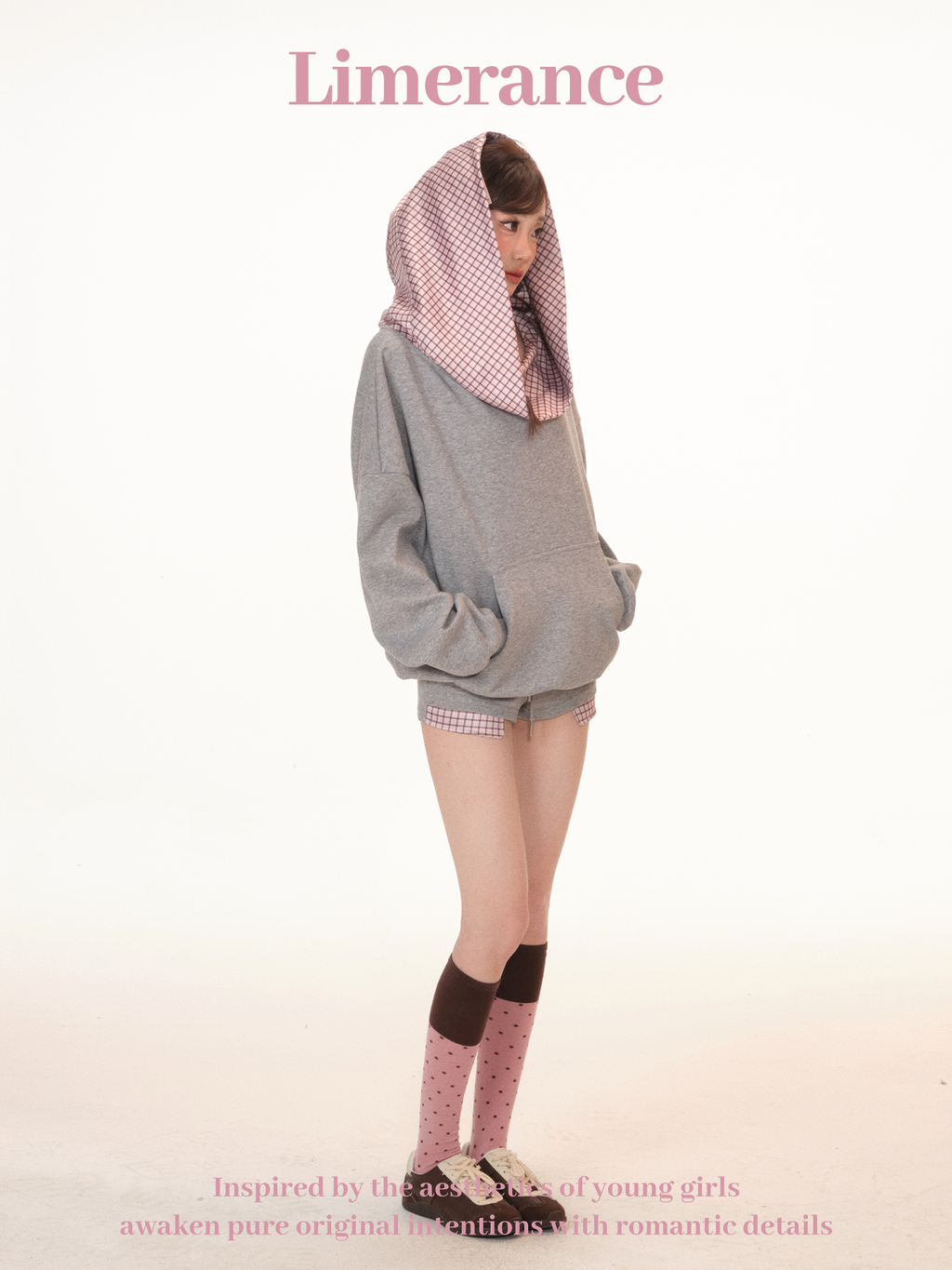 Gray and pink checkered hoodie and shorts set