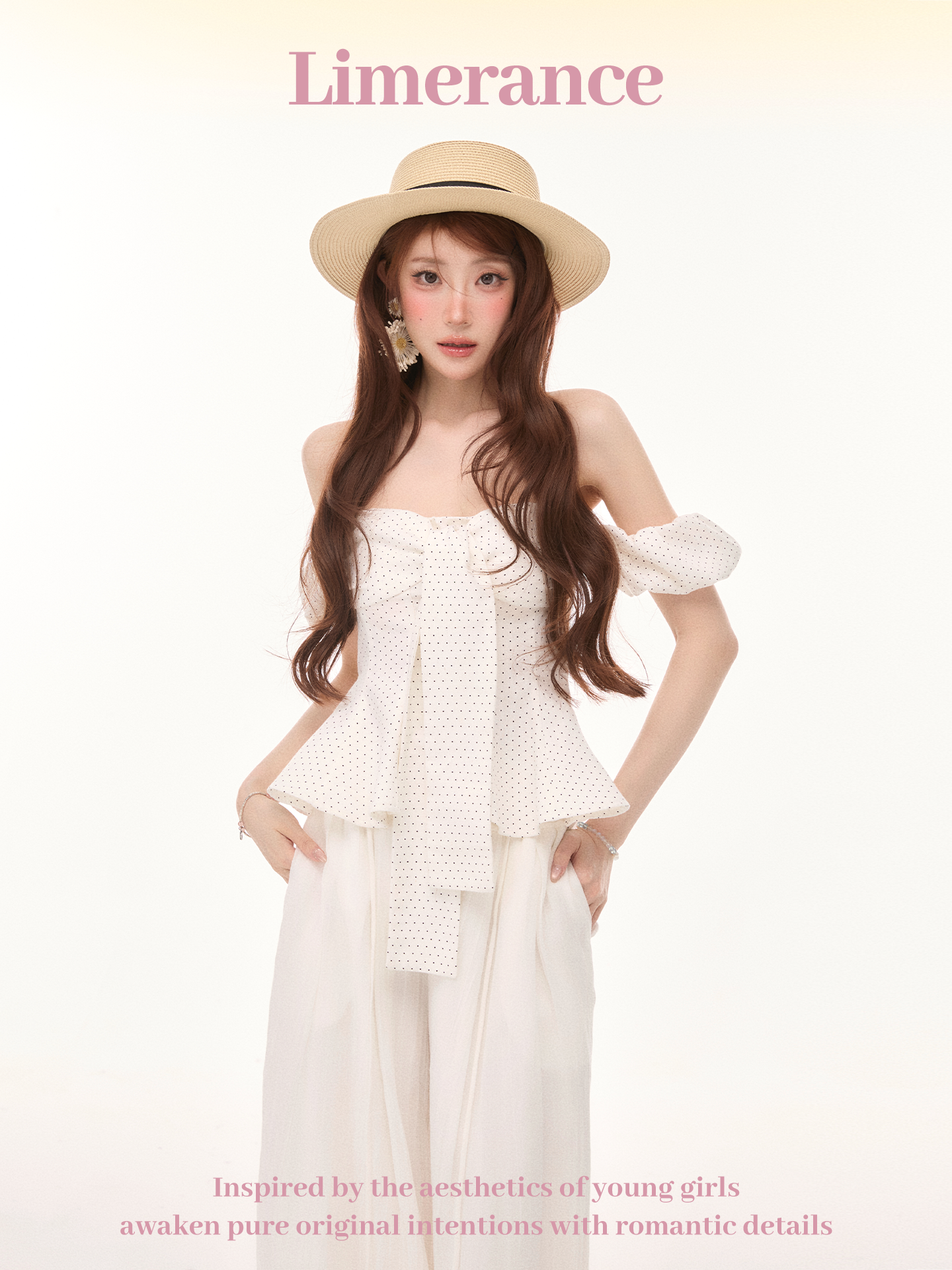 Off-shoulder top with high-waisted pants set