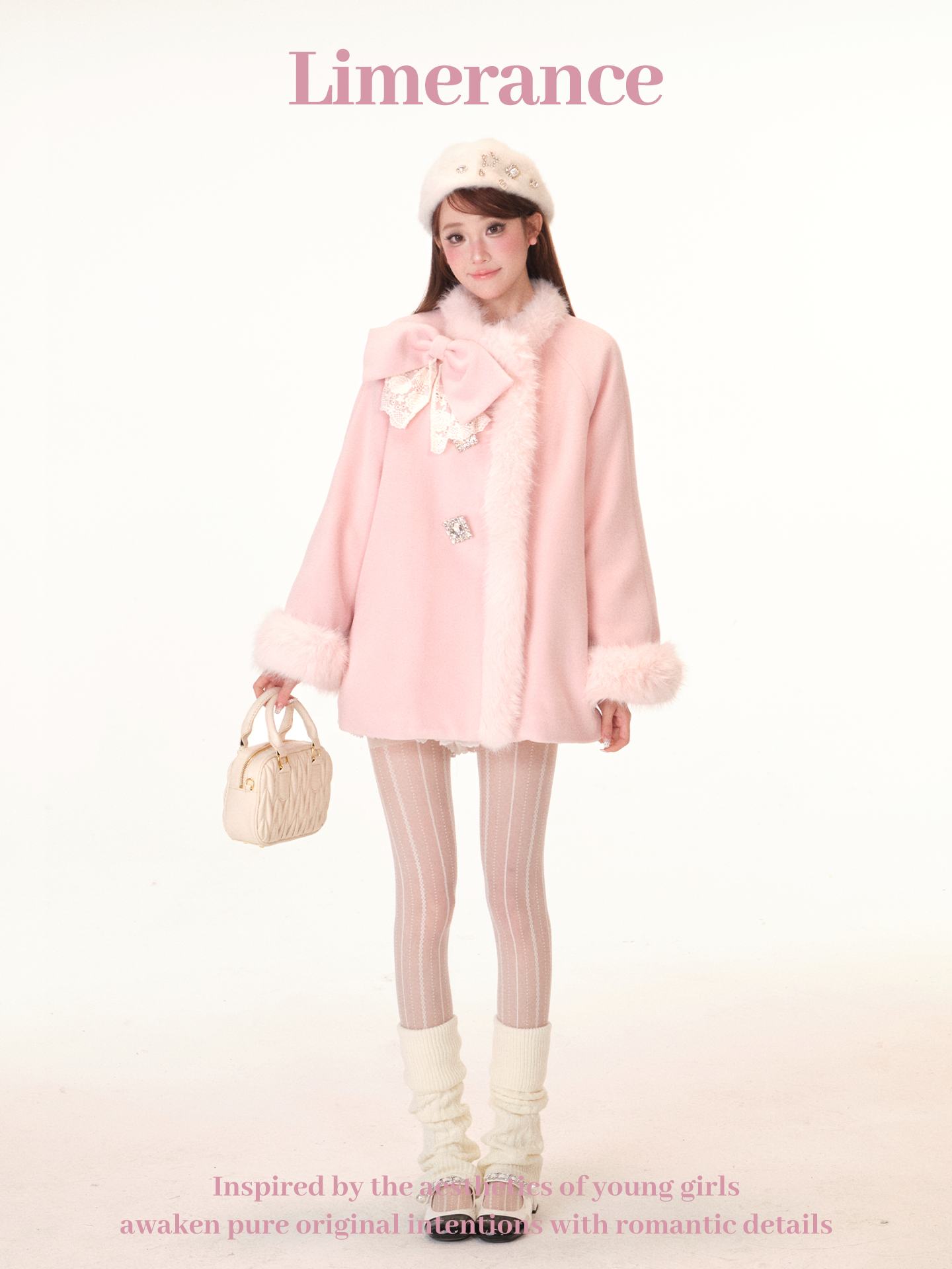 (Last units) Faux fur wool coat with removable bow