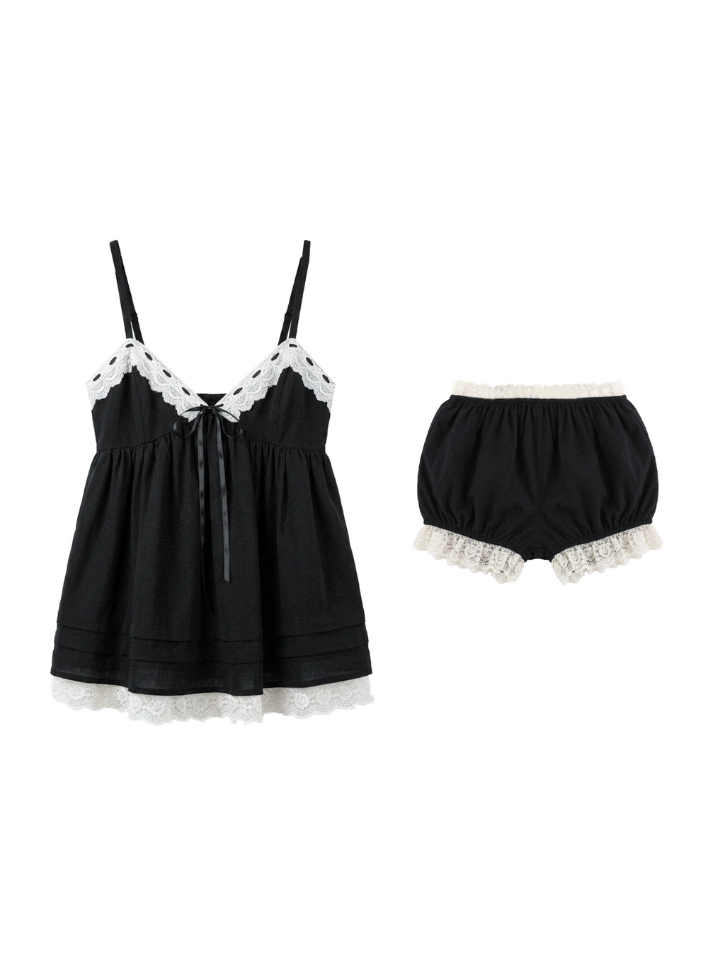 Lace trim v-neck suspender lace pants set in black